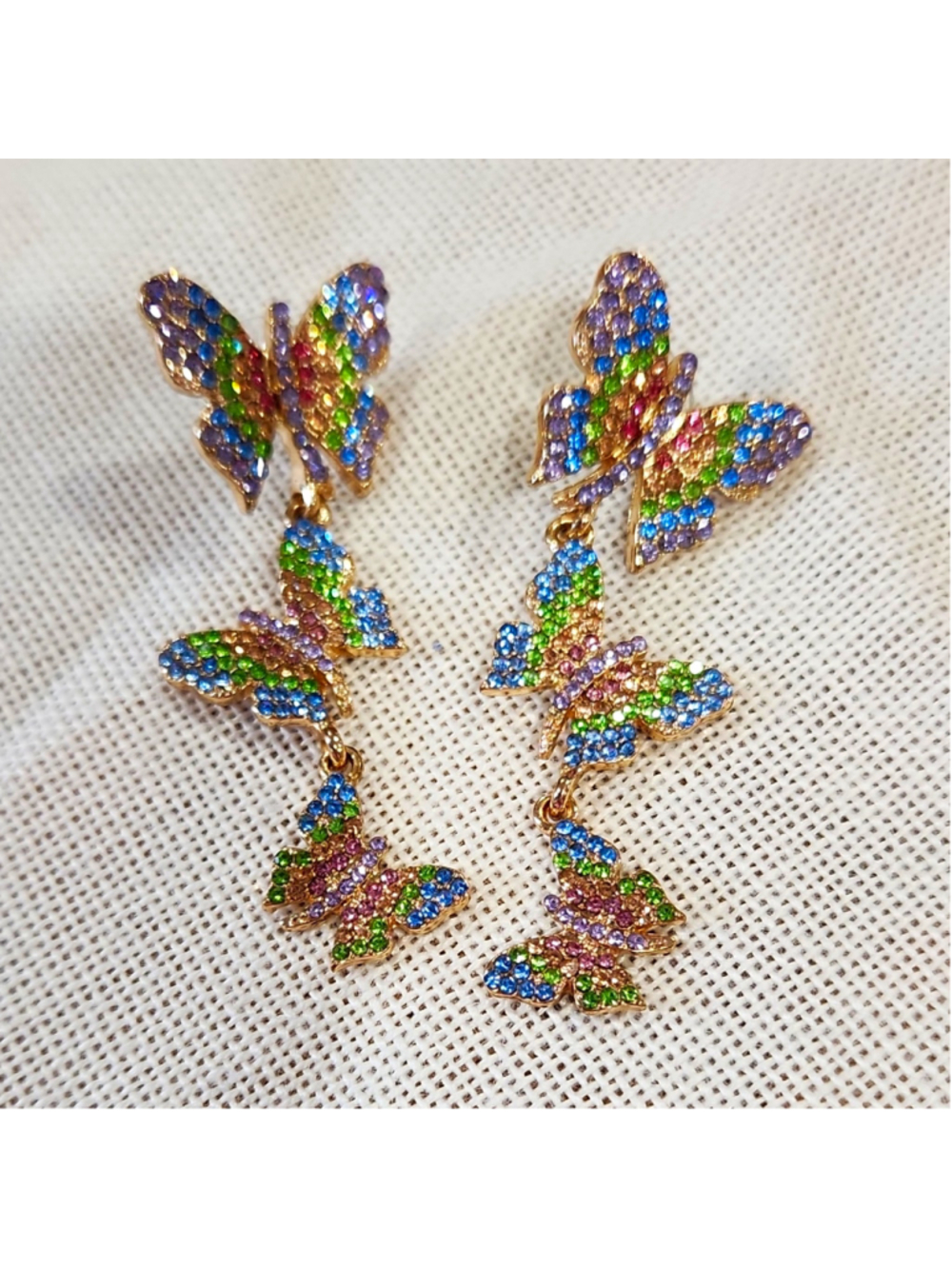 PIPER K Butterfly Dangle Drop Earrings 2in Pavé, rainbow,new never worn